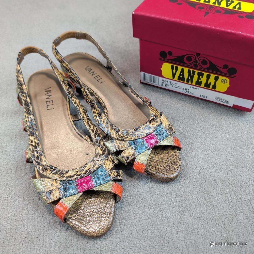 Vaneli Ashely Sandals Multi Color Snakeskin Strappy Slingback Boho Y2K Flats 6 M